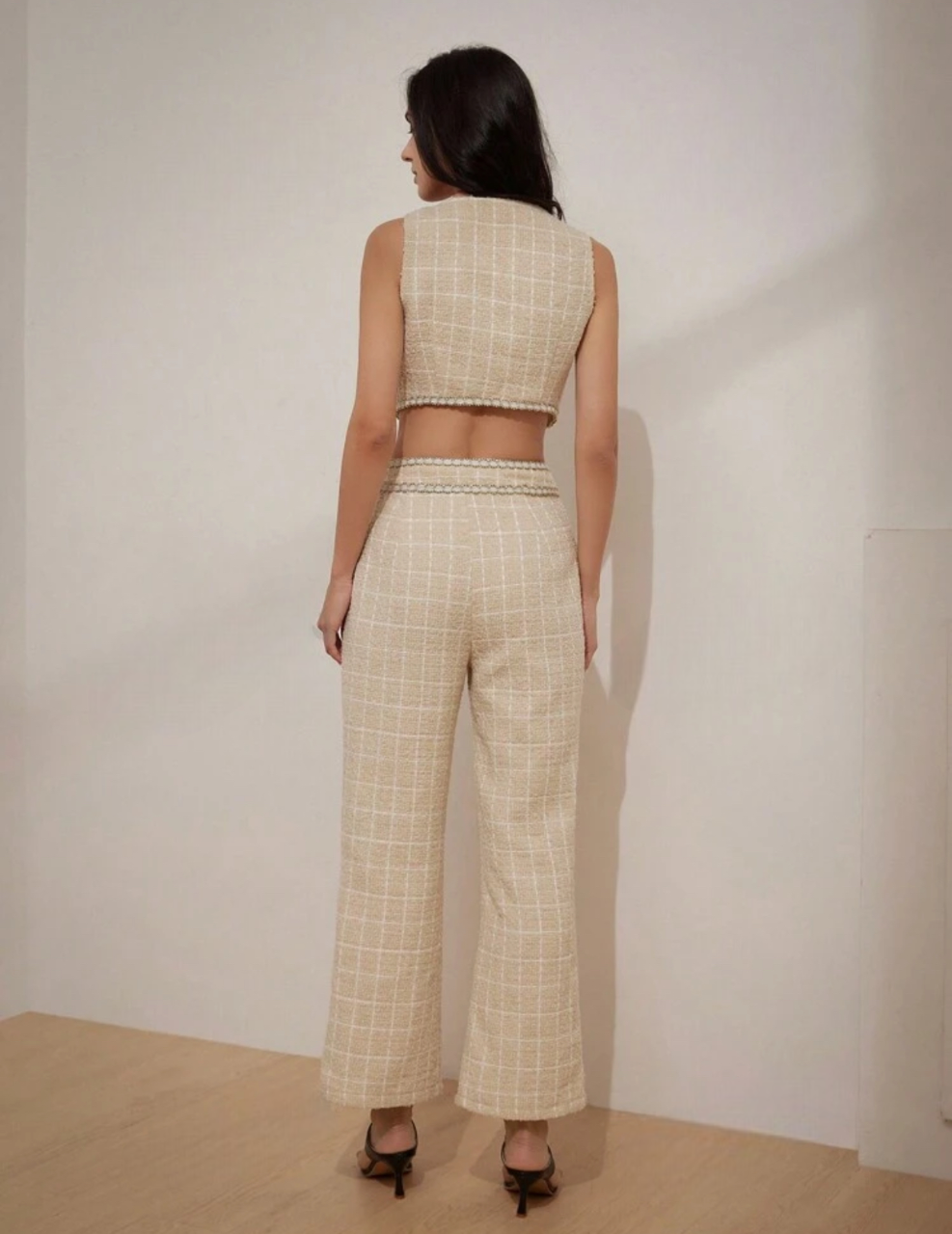 Ensemble décontracté top et pantalon avec motif à carreaux