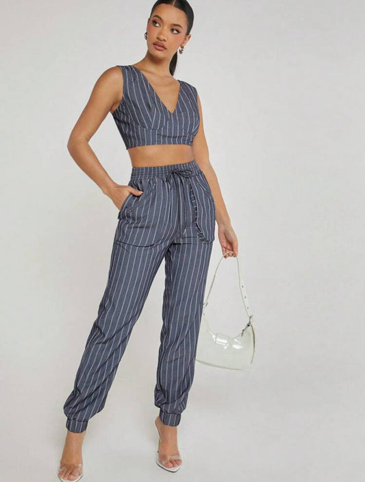 Ensemble top et pantalon rayé avec cordon de serrage