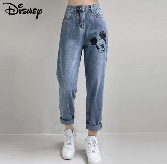 Jeans mon avec taille haute et imprimé Mickey