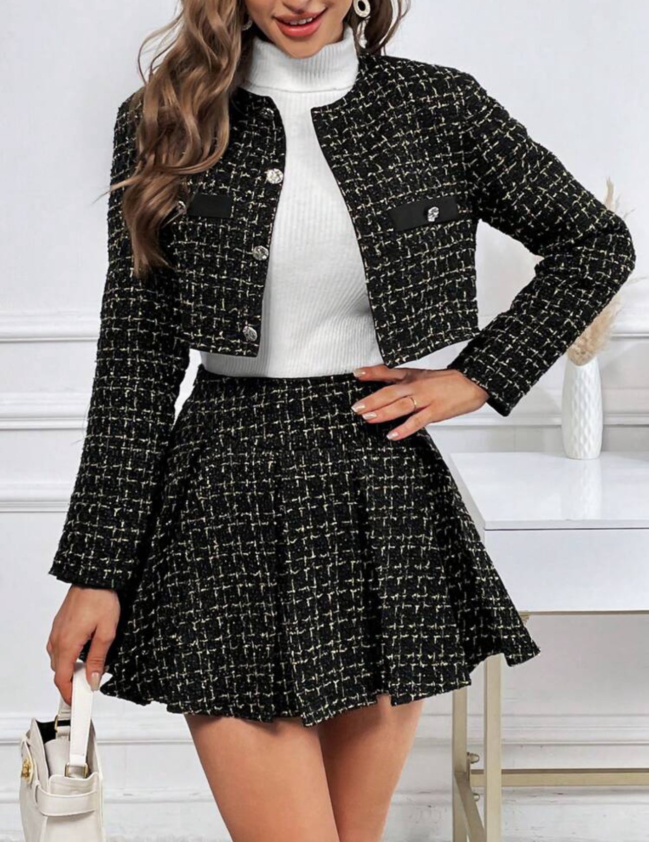 Ensemble jacket et jupe plissée en tweed