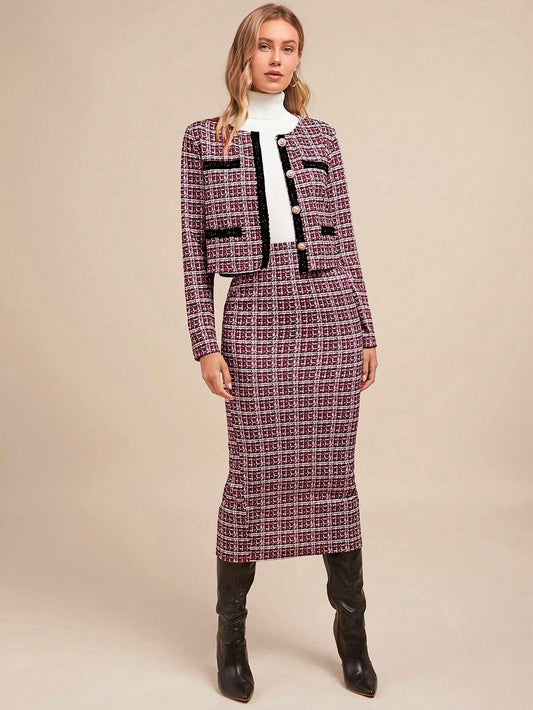 Ensemble jacket et jupe avec motif à carreaux en tweed