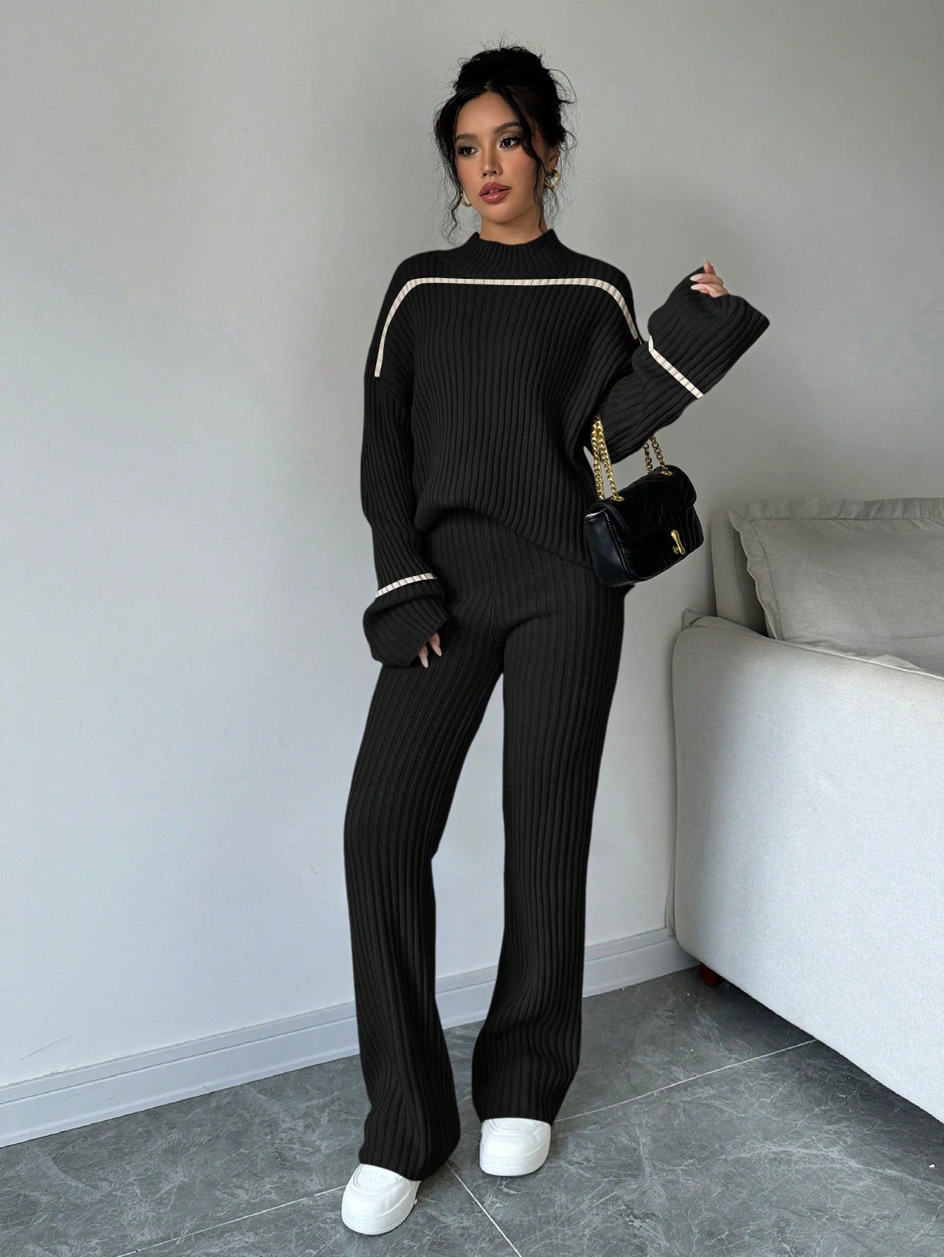 Ensemble pull et pantalon en tricot côtelé