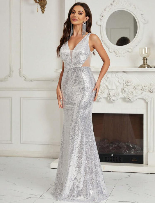 Robe de cérémonie longue avec strass et décolleté en V