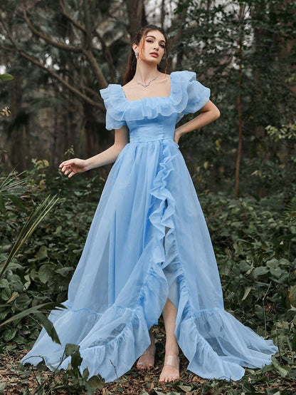 Robe de cérémonie longue avec organza et col carré