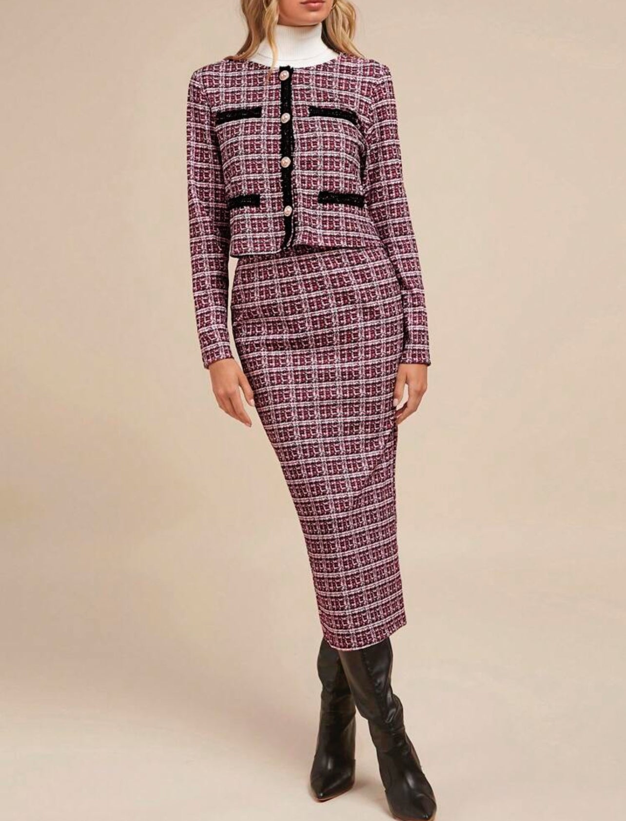 Ensemble jacket et jupe avec motif à carreaux en tweed