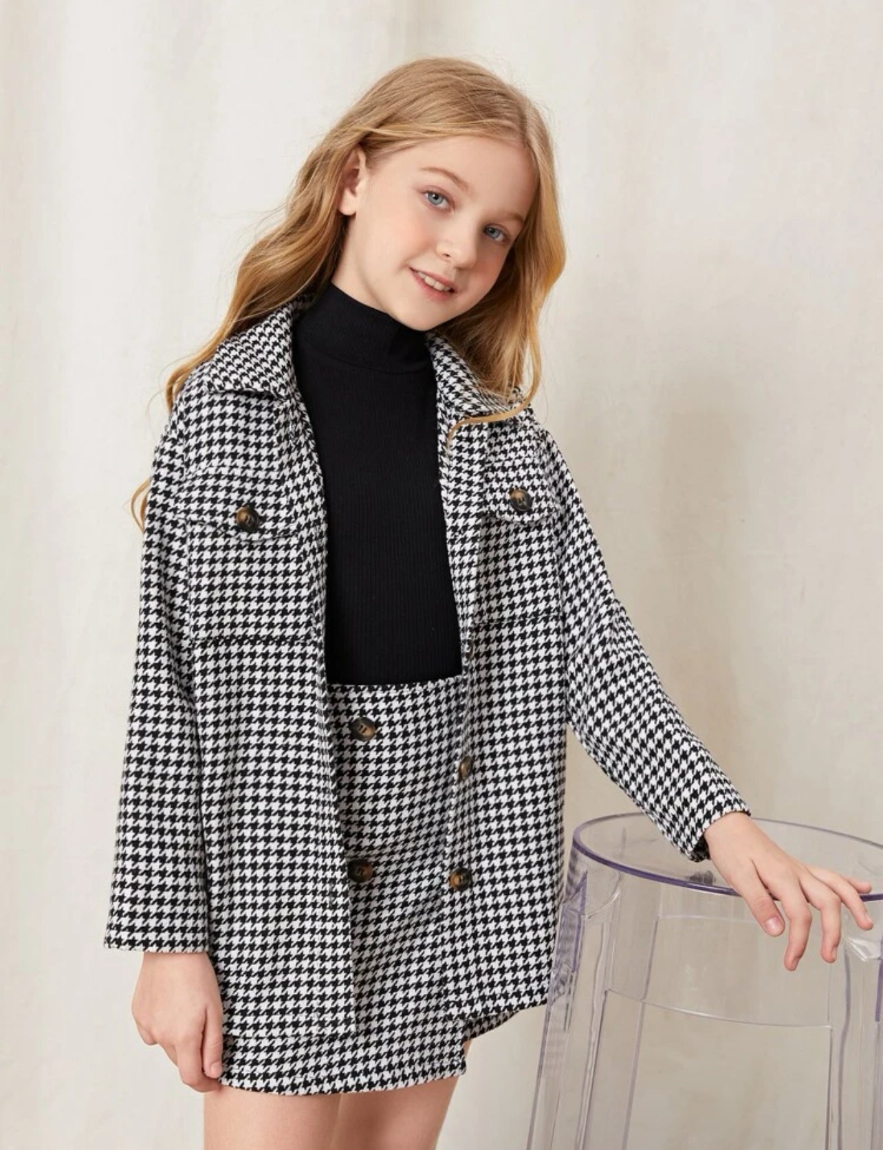 Ensemble jacket et jupe avec motif pied-de-poule