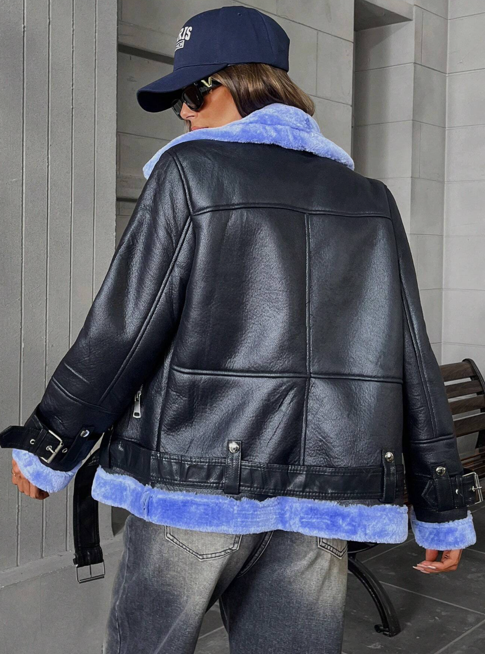 Veste en similicuir avec fourrure bleu