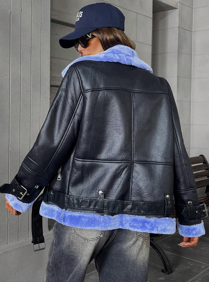 Veste en similicuir avec fourrure bleu