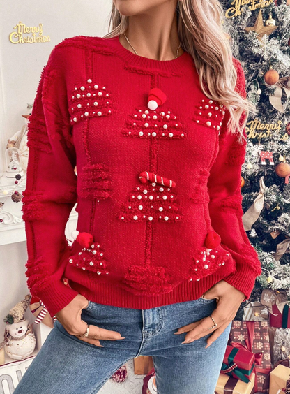 Pull élégant avec détails 3d sapins de noël et perles