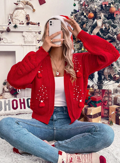 Cardigan élégant avec détails 3d sapins de noël et perles