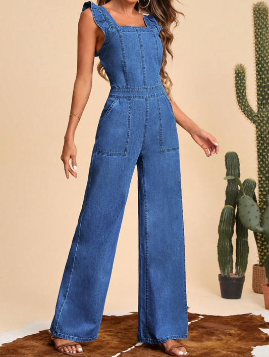 Denim-Jumpsuit mit Rüschenbesatz