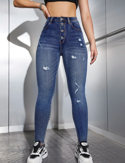 Jeans taille haute avec trois boutons et déchirures