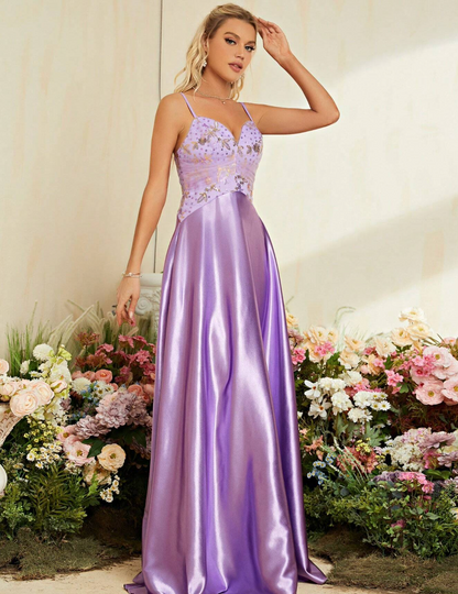 Robe de cérémonie longue en satin avec contraste paillettes