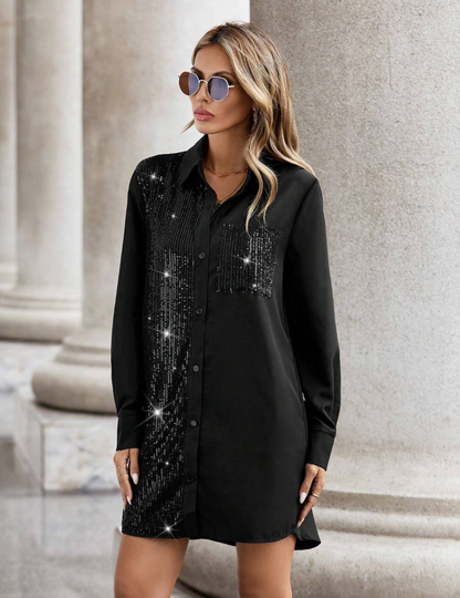 Robe chemise avec paillettes contrastées