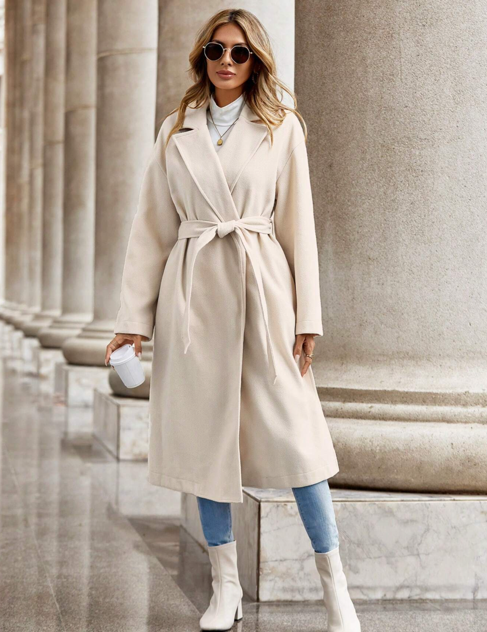 Manteau long avec col à revers et poches obliques