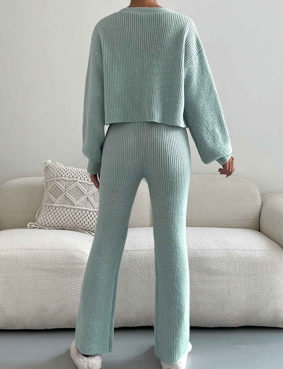 Ensemble cardigan et pantalon en tricot côtelé