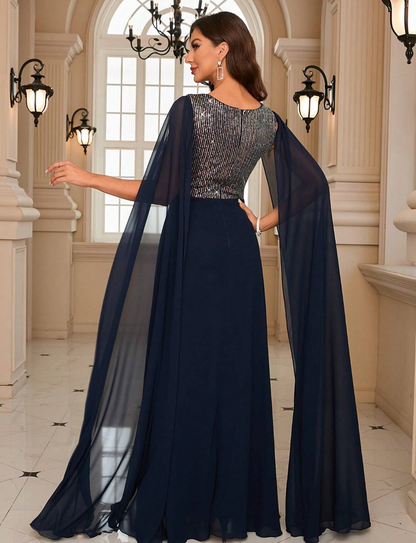 Robe de cérémonie longue avec manches cape et paillettes