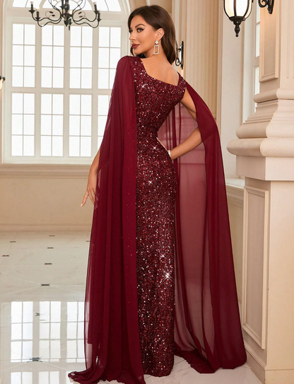 Robe de cérémonie longue avec manches cape et paillettes