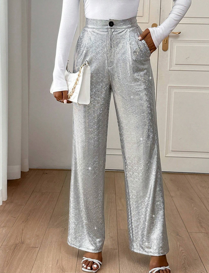 Pantalon jambe droite avec paillettes et taille haute