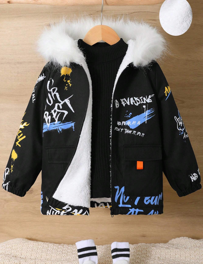 Manteau avec lettres graphiques et capuche pelucheuse