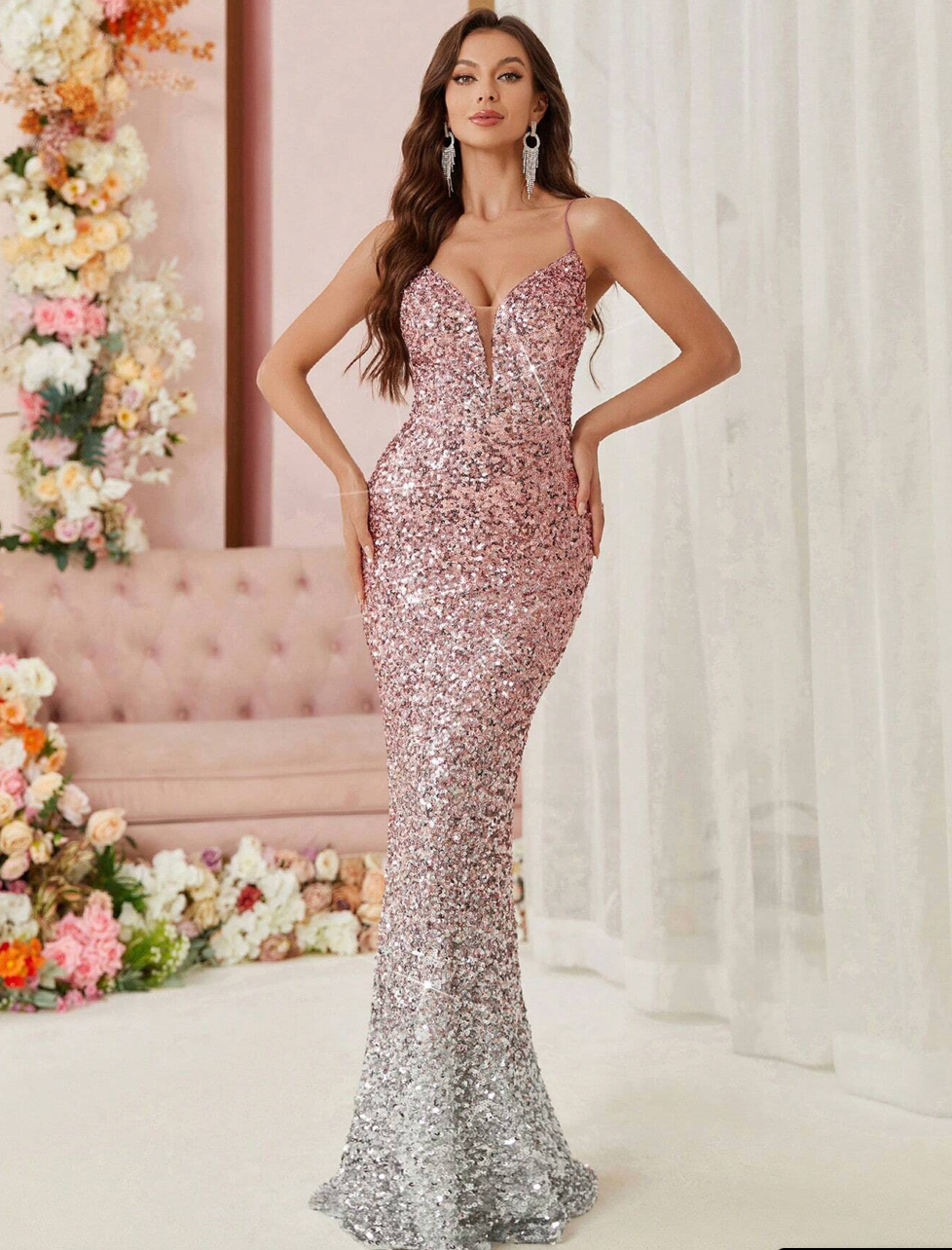 Robe de cérémonie longues avec strass et bas sirène