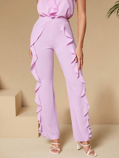 Pantalon taille haute avec détails volants