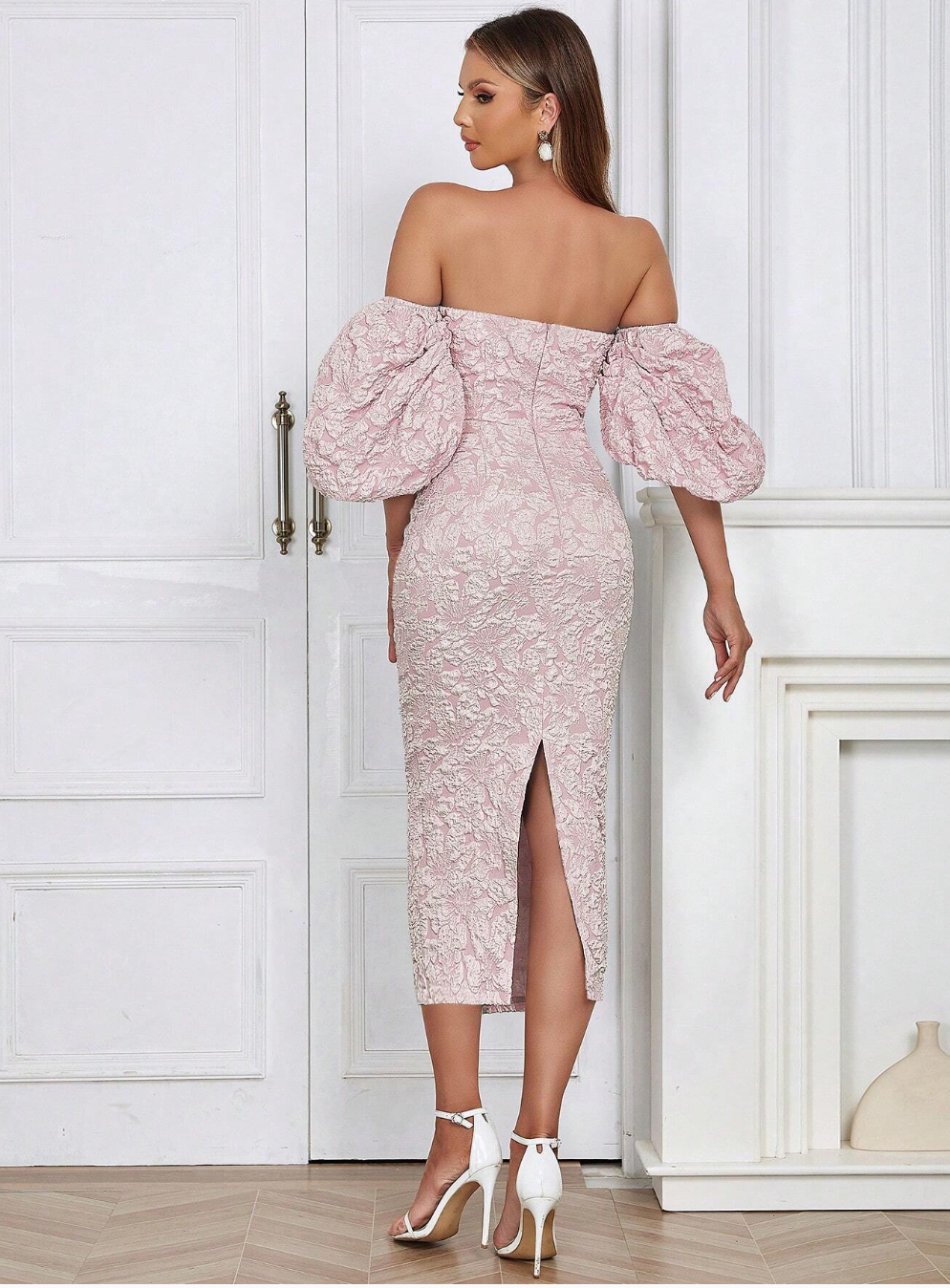 Robe de cérémonie mi-longue avec manches bouffantes sans épaules