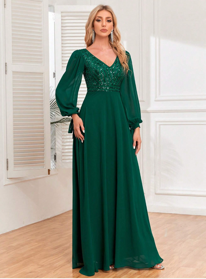 Langes formelles Kleid mit Pailletten und Laternenärmeln