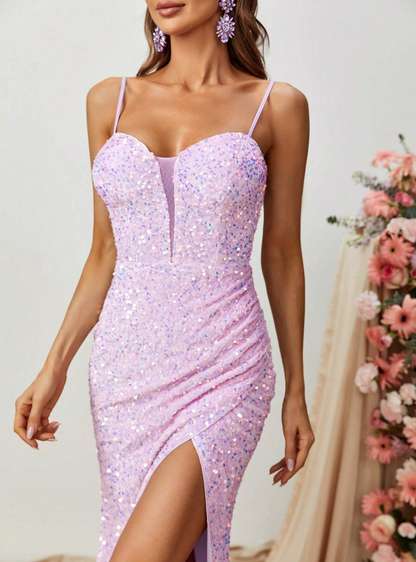 Robe de cérémonie longue avec paillettes et fente de côté