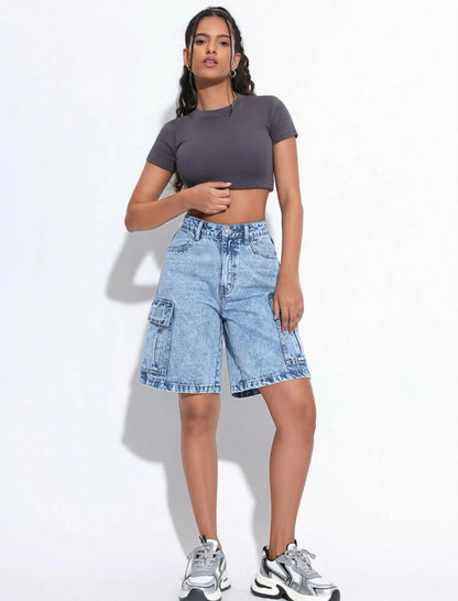 Short en jeans décontracté avec poches latérales