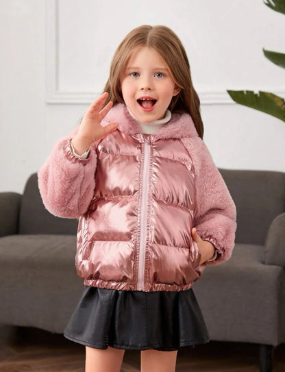 Doudoune manteau fille avec manches et capuche pelucheuses