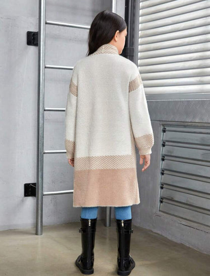 Cardigan fille long avec bloc de couleur